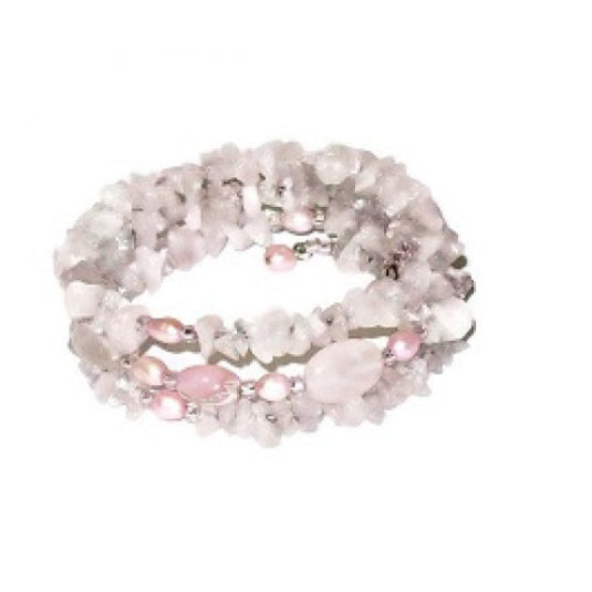 Rose quartz chip beaded and freshwater pearl wrapped bracelet on a white background