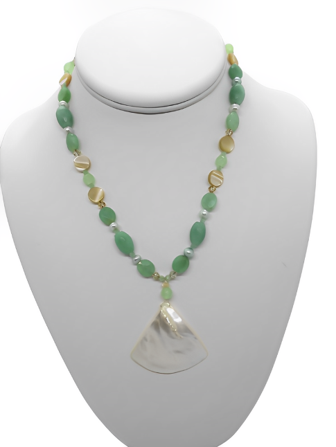 Sage Green and Cream Necklace with Drop Pendant