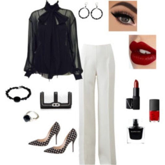 Fashion collage with black sheer blouse, white pants, high heels, accessories, and makeup.
