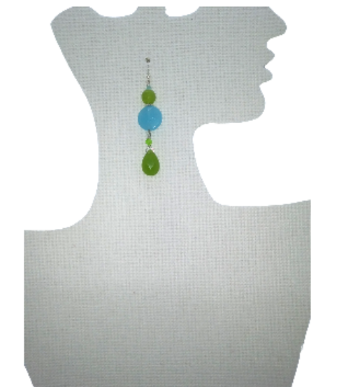 Earring with green and blue beads on a off-white mannequin ear