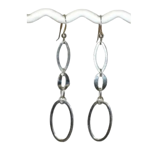 Pair of sterling silver dangle earrings connecting three different shaped components