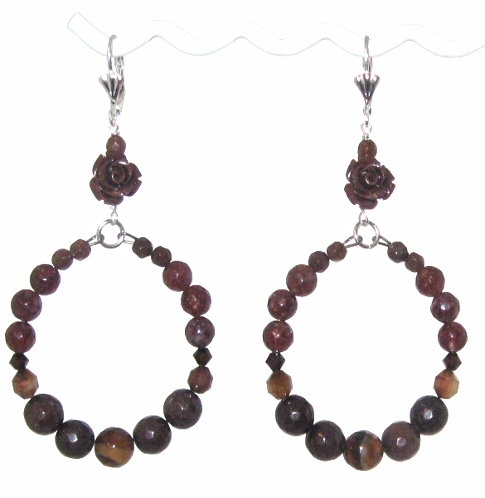 Brown Flower Hoop Earrings with Semi-Precious Beads