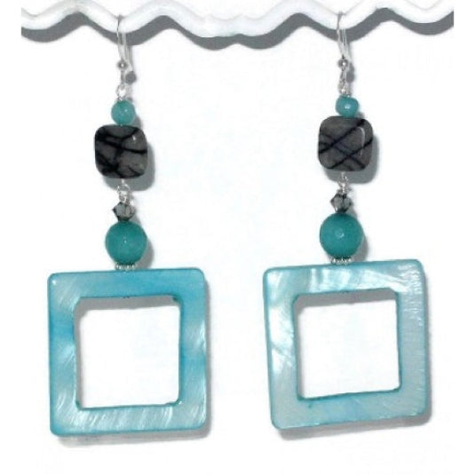 Pair of dangle earrings with square cutout design and turquoise beads and gray and black semi-precious beads on a white background