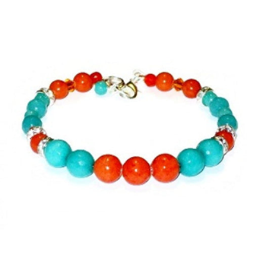 Beaded bracelet with teal and orange jade-style gemstone, crystals and rhinestone beads on a white background