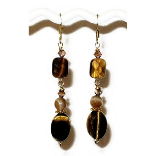 Pair of delicate brown tiger eye dangle earrings on a white background