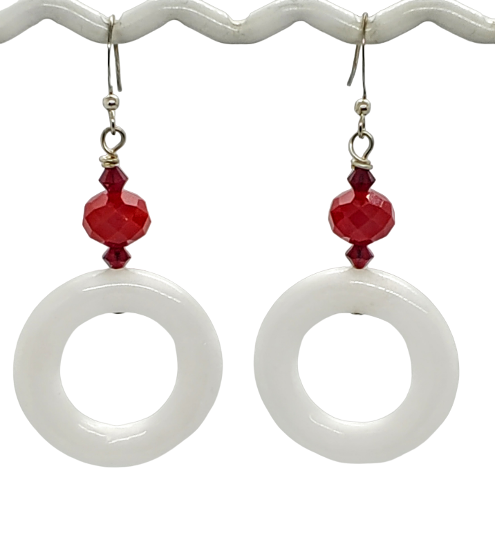 Red and White Jade Hoop Earrings
