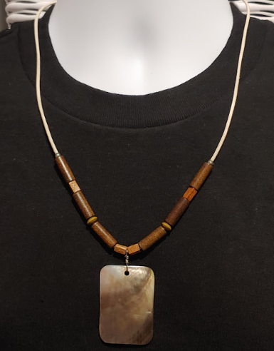 White Leather Cord Men's Necklace with Wood Beads and Rectangle Shell Pendant