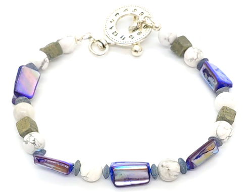 White, Gray and Purplish Blue Men's Beaded Bracelet