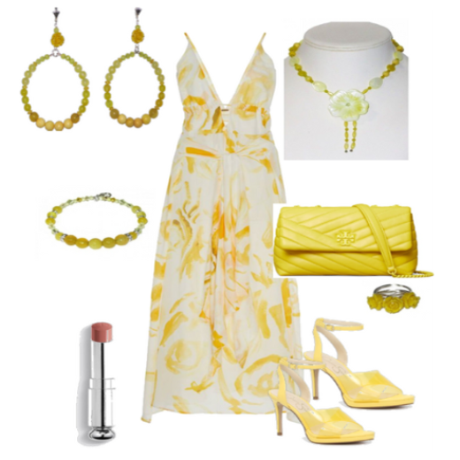 Yellow and white floral dress with matching accessories on a white background