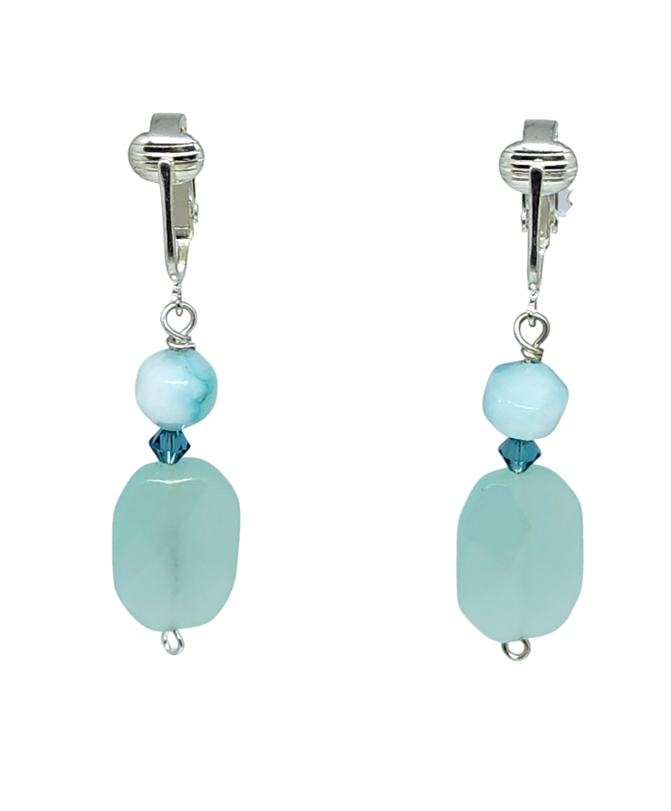 Aqua Seafoam Stone and Teal Crystal Pierced-Look Clip-On Drop Earrings