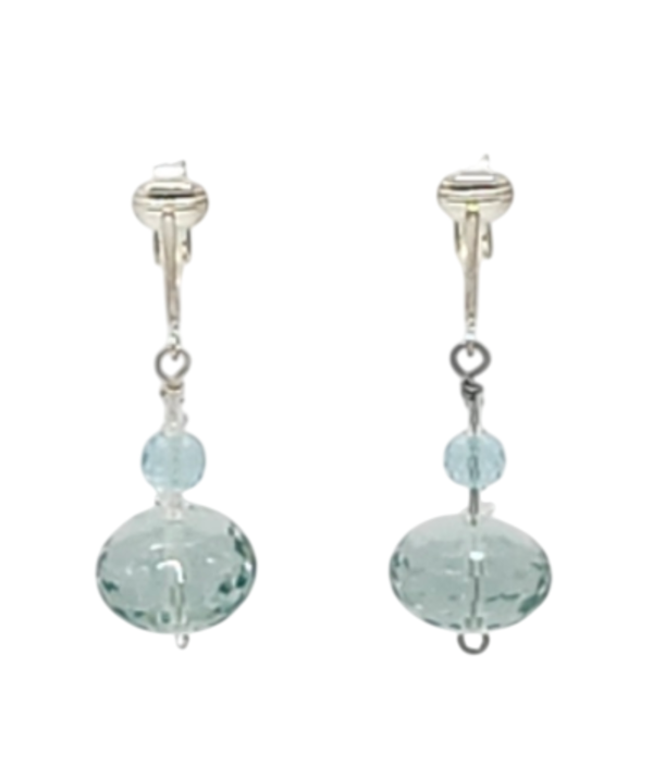 A pair of aqua quartz clip-on earrings with clear bicone crystals and pierced-look ear clips.