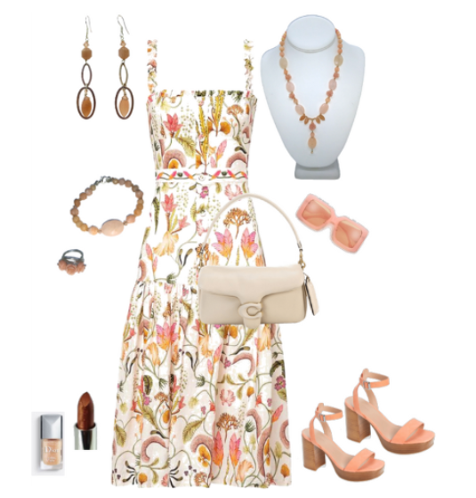 Outfit with floral dress, handbag, shoes, and accessories on a white background