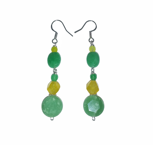 Green and yellow beaded earrings on a white background