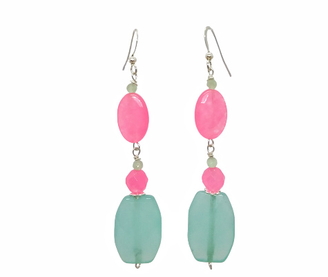 Pair of earrings with pink and aqua beads on a white background