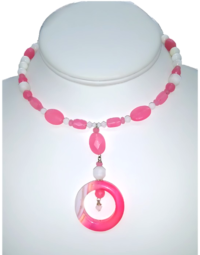 Handmade hot pink and white beaded choker necklace with jade beads, moonstone, and a 2.5 inch agate pendant drop.