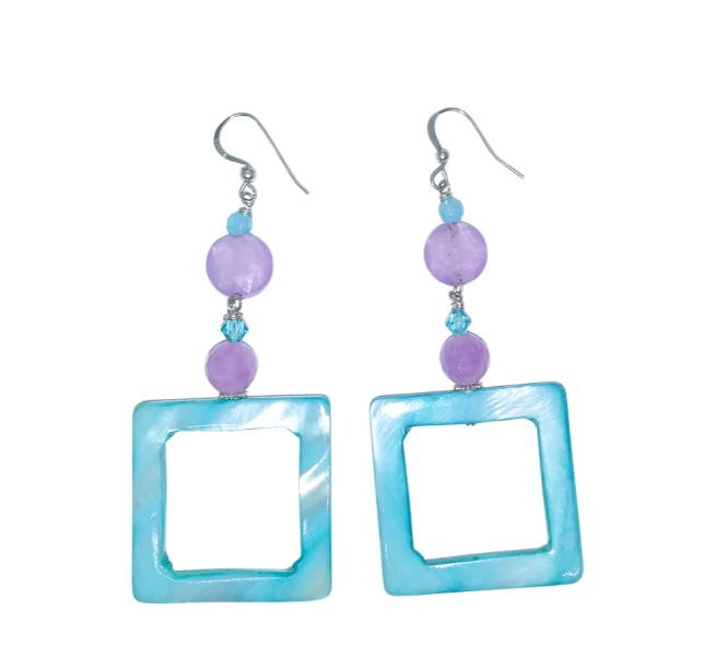 Pair of lavender and sky blue dangle earrings with square mop shell beads and faceted jade-style gemstone beads on a white background