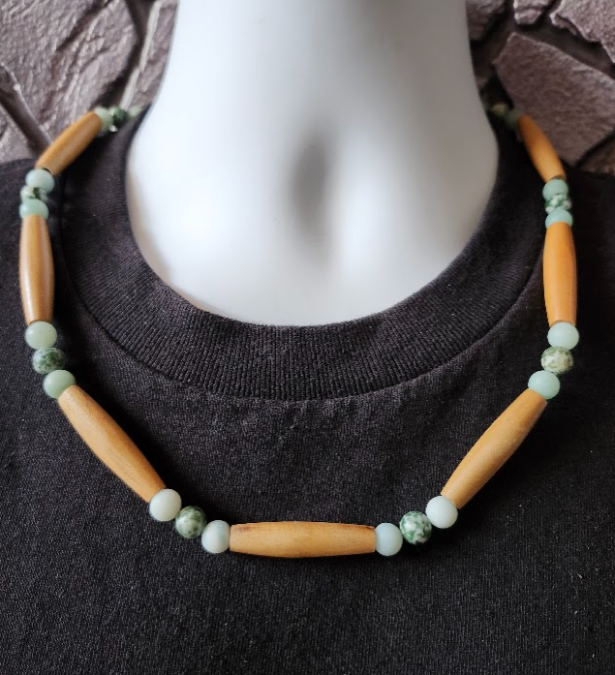 Tan, mint green, and forest green men's beaded necklace with wood and semi-precious stone beads.