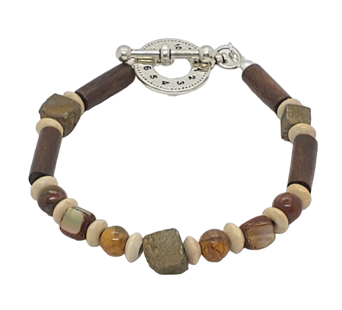 Men's brown beaded bracelet featuring shell beads, wood beads and semi-precious beads