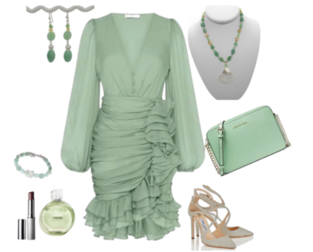 Mint green dress with matching accessories on a white background
