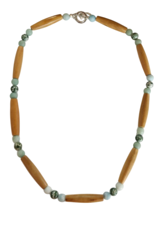 Men's beaded necklace with mint green, and forest green semi-precious stones and tan wood beads,