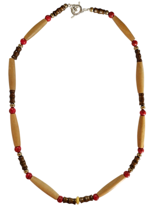 Tan, red, metallic and brown men's beaded bracelet with wood, bamboo, and semi-precious beads.