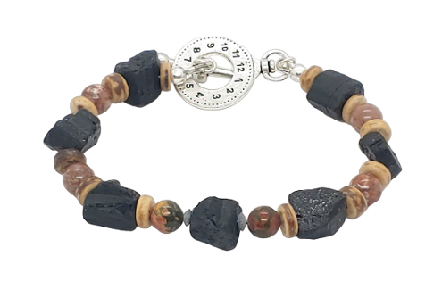 Beige, Black, and Brown Men's Beaded Bracelet with Tourmaline Nuggets