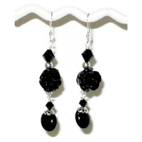 Black Carved Flower Earrings
