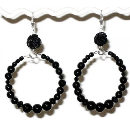 Black Flower Semi-Precious Hoop Earrings