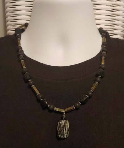 Black, Gray and Metallic Men's Beaded Necklace with Rectangle Jasper Pendant