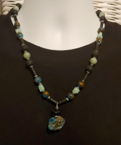 Black, Teal, Mint Green, and Slate Gray Men's Beaded Necklace with Apatite Stone Pendant