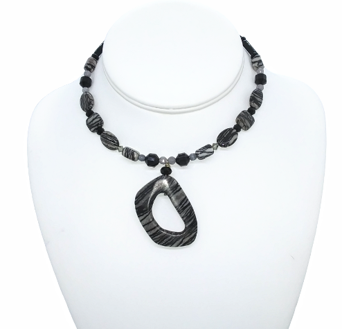 Black Onyx and Gray Zebra Jasper Choker with Drop Pendant