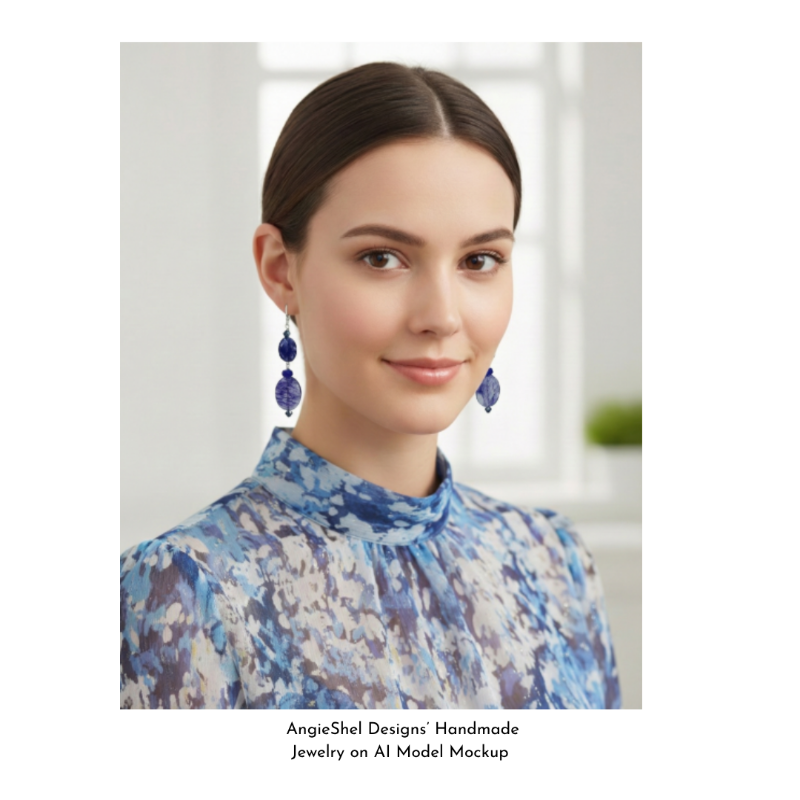 AI Model Mockup wearing blue dangle earrings with a blurred background