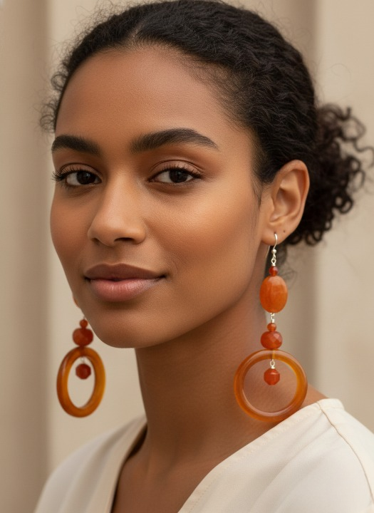 Woman wearing large, orange dangle hoop earrings with a neutral background