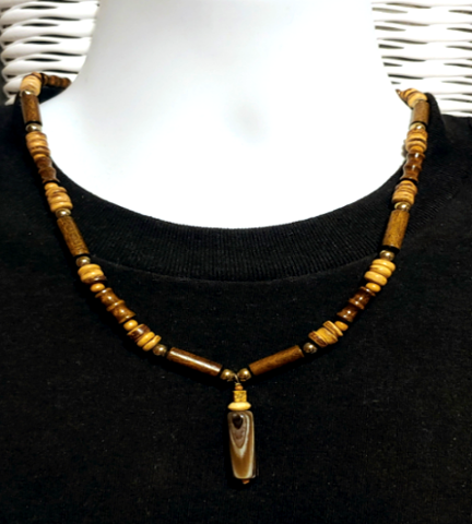 Brown, Beige, and Goldtone Metallic Men's Beaded Necklace with Botswana Tube Pendant