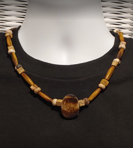 Brown and Beige Men's Necklace with Horn Pipe, Magnesite and Jasper Beads