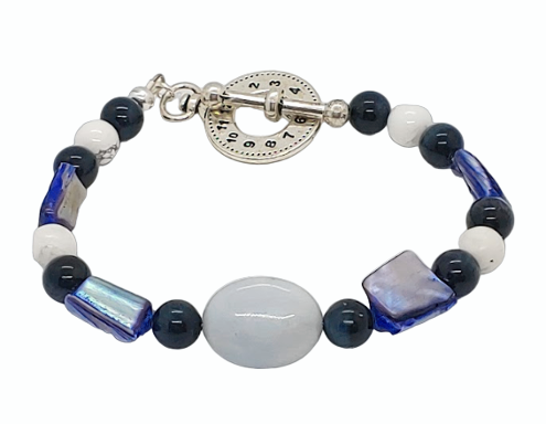 Denim Blue, White, and Navy Blue Men's Beaded Bracelet