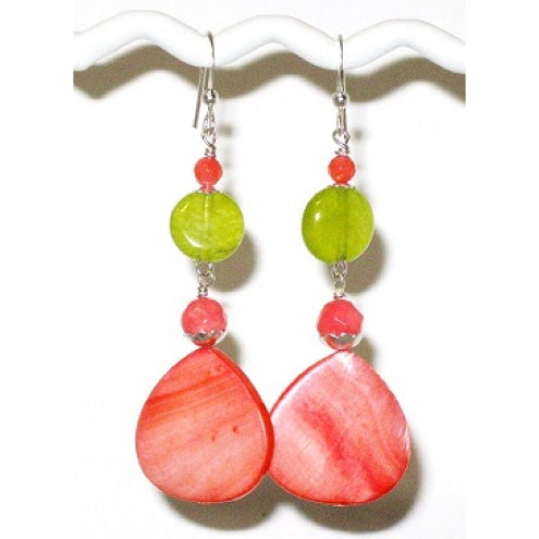 Apple Green and Coral Bamboo Dangle Earrings