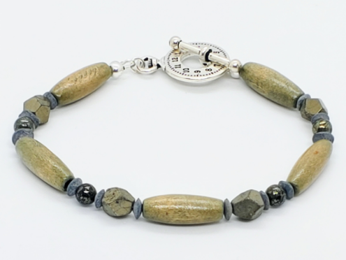 Khaki Green and Gray Men's Beaded Bracelet with Wood Beads and Semi-Precious Stones