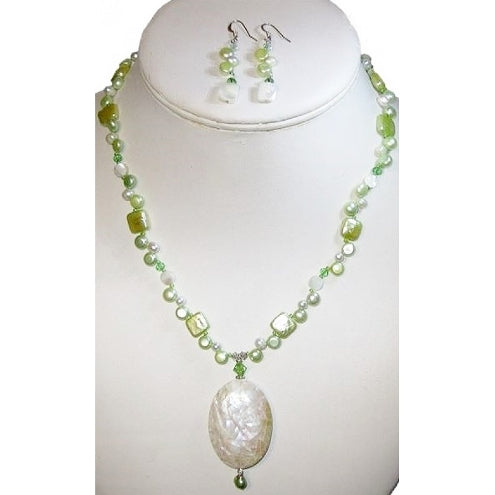 Light Green and Off White Necklace and Earring Set