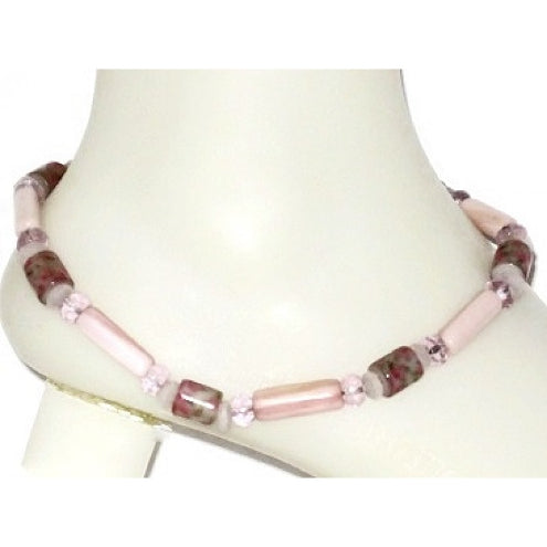 Pale Pink, Mauve and White Ankle Bracelet with Flowers
