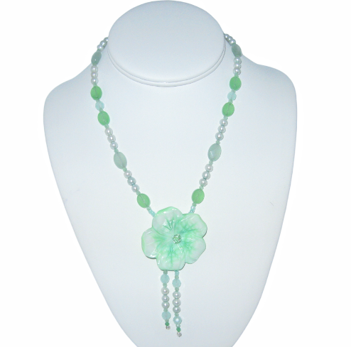 Mint and Light Green Blossom Necklace with Mother-of-Pearl Flower Pendant