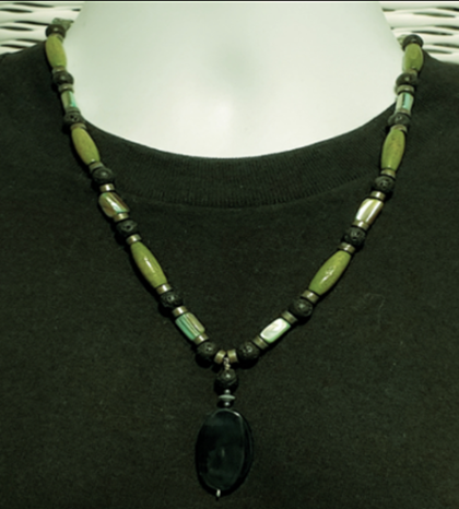 Green, Black, Metallic Men's Beaded Necklace with Oval Black Onyx Pendant