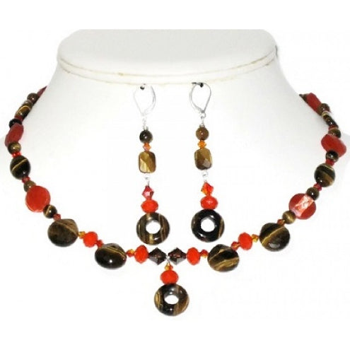 Tiger Eye and Orange Choker Set with Matching Earrings