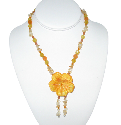 Orange and Yellow Blossom Necklace with Mother-of-Pearl Flower Pendant