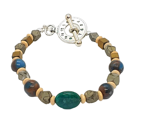 Pine Green, Gray Metallic, Beige, Brown and Teal Men's Beaded Bracelet