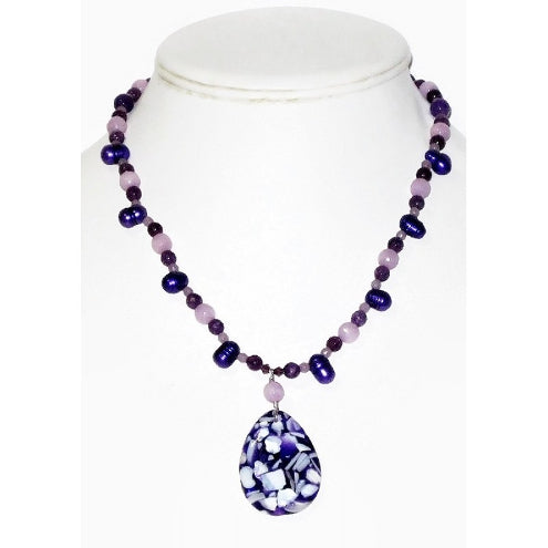 Purple Necklace with Mosaic Mother-of-Pearl Pendant