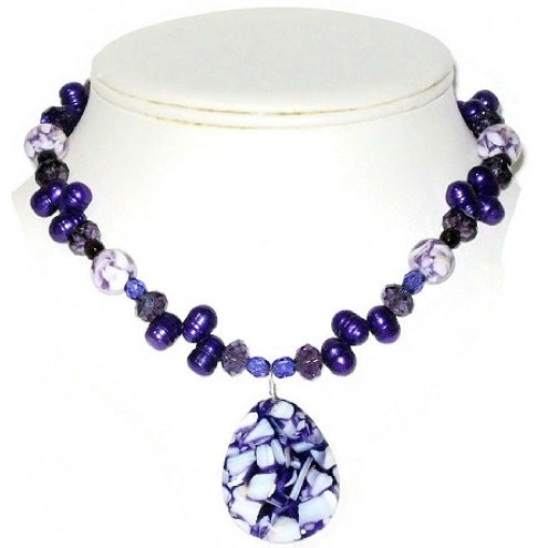 Purple and White Necklace and Earring Set with Briolette Pendant