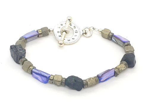 Black, Gray and Purplish Blue Men's Beaded Bracelet