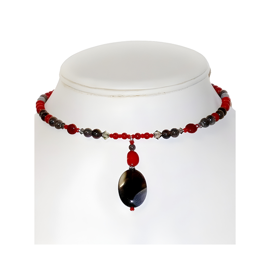 Red and Gray Choker with Botswana Drop Pendant