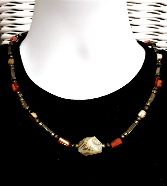 Red, Gray, Beige and Metallic Men's Beaded Necklace